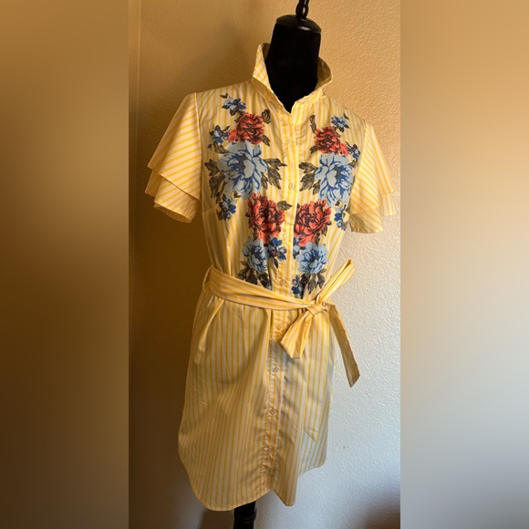 Jealous Tomato Button Down Yellow & White Floral Print Striped Shirt Dress - Picture 3 of 4